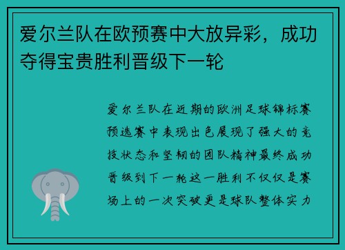 爱尔兰队在欧预赛中大放异彩,成功夺得宝贵胜利晋级下一轮