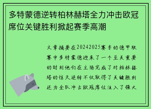 多特蒙德逆转柏林赫塔全力冲击欧冠席位关键胜利掀起赛季高潮