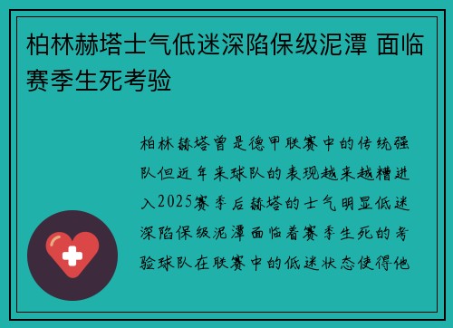 柏林赫塔士气低迷深陷保级泥潭 面临赛季生死考验